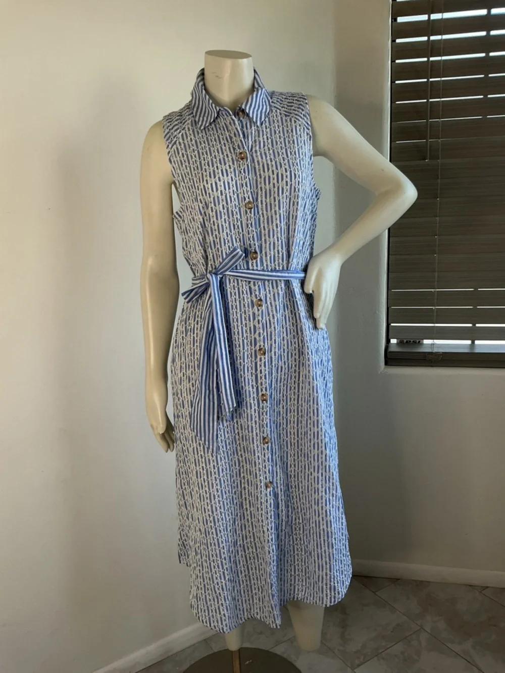 NWT Anthropologie Blue White Striped Eyelet Midi Shirt Dress 8 Coastal Pockets - Picture 2 of 9